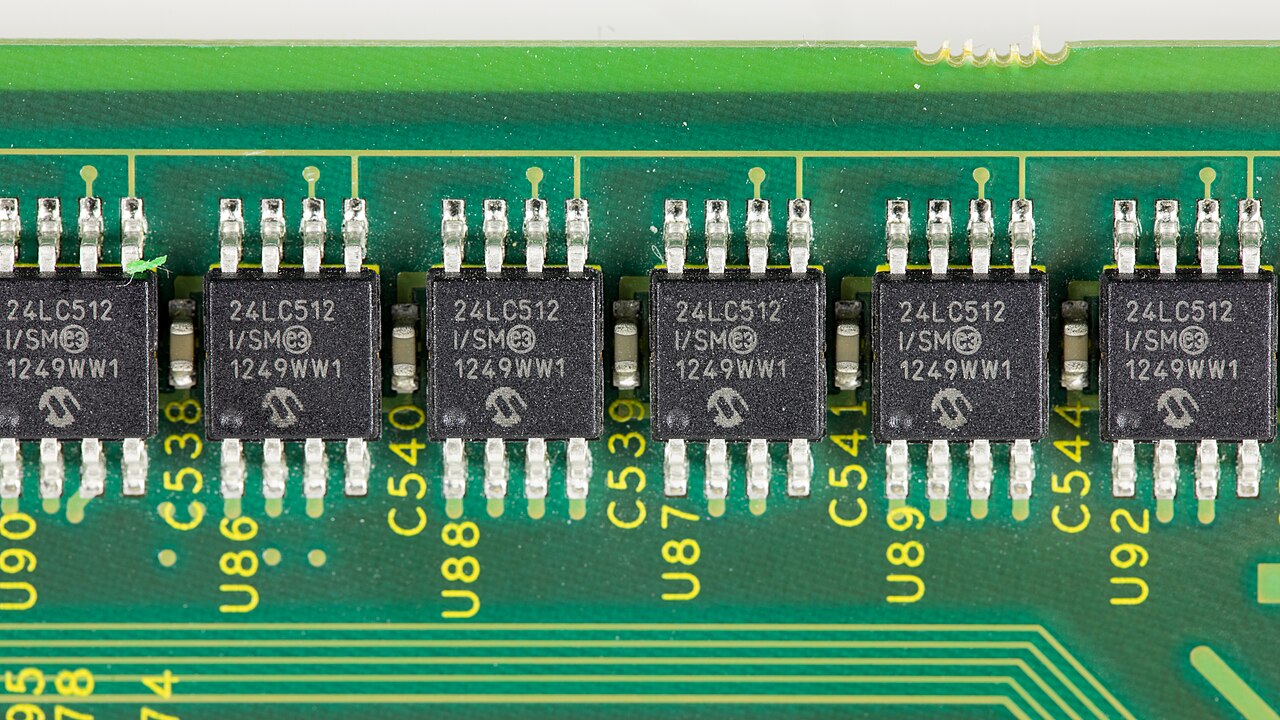 Close-up of black microchips mounted in a row on a green circuit board