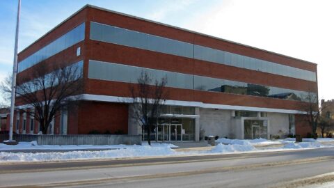 Federal courthouse building exterior in winter