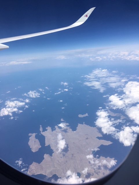Aerial view of the Strait of Hormuz from an aircraft window