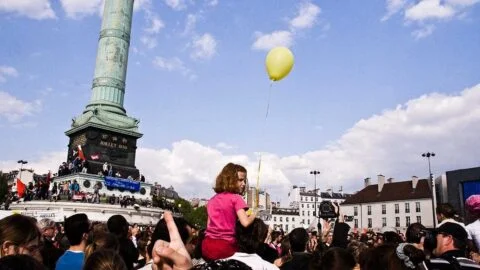 People gathering for a demonstration in a French city