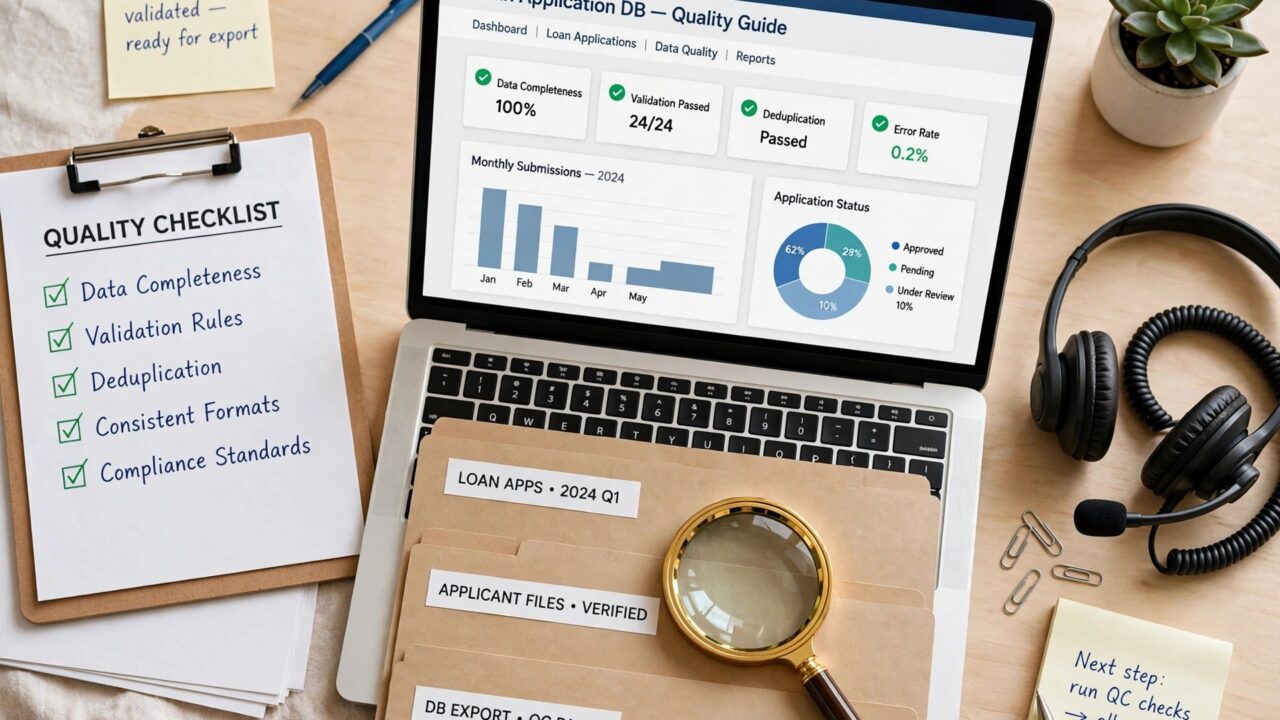 Loan Application DB evaluation on a professional desk with a laptop dashboard showing checkmarks and charts, a quality checklist clipboard, a magnifying glass over organized folders and a headset